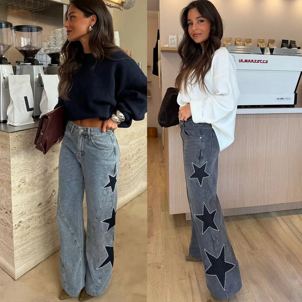 Women's Casual Loose Straight Denim Pants with Five-Pointed Star Design