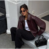 Wine Red Pu Leather Long Sleeve Lapel Collar Zipper Jackets Women Loose Short Coats Female Autumn Office Daily Wear