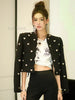 Autumn Winter Heart Buckle Black Wool Tweed Short Jacket Coat Women Vintage Long Sleeve V Neck Wave Cardigan Outwear Top