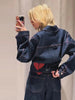 Heart Print Contrast Women Denim Two Piece Set Lapel Waist Cinched Cropped Jacket Wide Leg Jeans Outfit Woman Matching Set