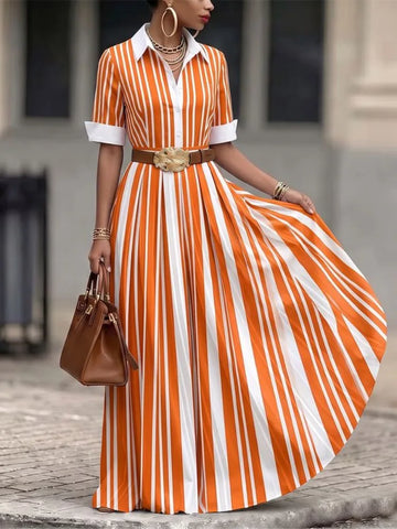 Women's Contrast Color Striped Lapel Shirt Dress Half Sleeves High Waisted Elegant Office Casual Maxi Dresses No Belt