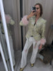 Satin Jacquard Fluffy Fur Cuffs Patchwork Blazer Light Green V Neck Long Sleeve Slim Outerwear Lady Fall Party Daily Jacket