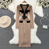 Women Elegant Butterfly Long Sleeve Bodycon V Neck Split Dress Vintage French Slim Knit Tight Vestido Autumn Winter Sweater Robe
