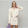 Floral Printed Blazer Skirt Suit Women Elegant Cropped Lapel V-neck Coat Slim Mini Skirts Set Spring Lady Casual Outfit