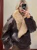 Ladies Winter Retro Fur Collar Leather Jacket V‑Neck Full Lapel Long Sleeve Double Breasted Urban Warm Casual Outer