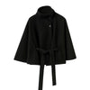 Lace Up High Neck Jackets For Women Belt Faux Wool Blends Cape Coats Autumn Winter Warm Elegant Cloak Coat Ladies
