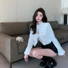 White Cropped Jackets for Women Korean Ruffles Double-Breasted Coat Ladies Elegant Chic Short Tweed Cardigans