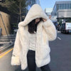 Coat Women's Autumn and Winter Loose Plush Faux Rabbit Fur Hooded Cardigan Women Casual Medium Length Fur Coat