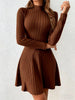 Women's Slim Fit Half High Collar Waist Cinched A-Line Skirt Long Sleeved Pit Stripe Dress