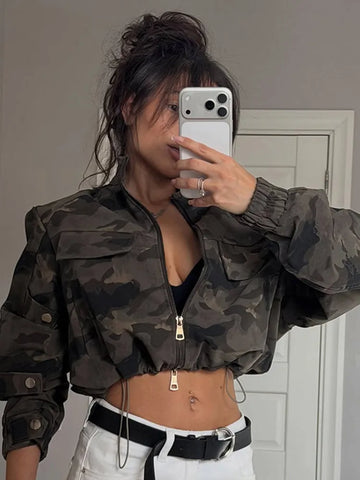 Camouflage Cropped Cargo Jacket Women Stand Collar Full Zip Multi Pockets Long Sleeve Jackets Autumn Casual Coat