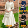 Elegant Satin Black Party Midi Dresses Women's Boatneck 3/4 Sleeve Fit and Flare A-Line Dress Wedding Guest Woman Clothes