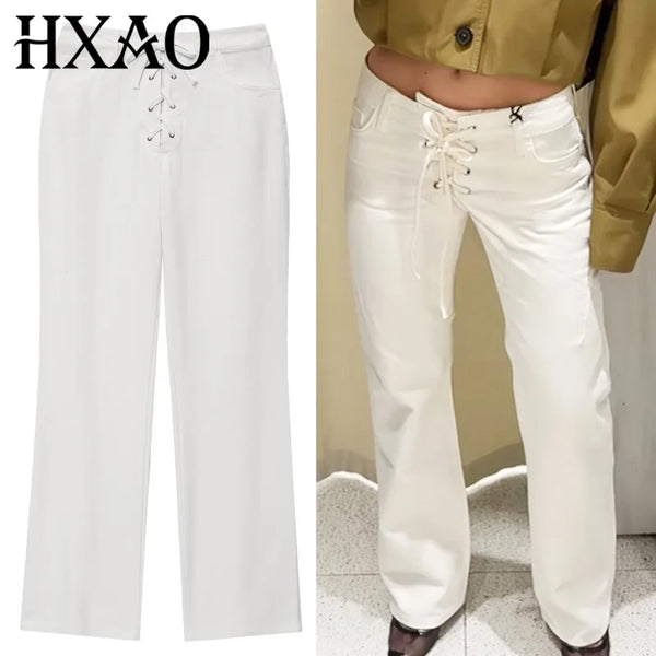 Women's Pants White Pant Jeans Women Bow Lace-Up Mid Waist Flared Pants Chic Elegant Denim Office Wear Women Trousers