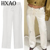 Women's Pants White Pant Jeans Women Bow Lace-Up Mid Waist Flared Pants Chic Elegant Denim Office Wear Women Trousers