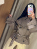 Women Casual Plaid Cropped Trench Coat Lapel Double Breasted Belted Waist Loose Long Sleeve Checkered Jacket Autumn Windbreaker