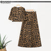 Leopard Print 2 Pieces Sets Woman Street Puff Sleeve Short Tops Wide Leg Pants 2pcs Suits Outfits OL Pant Sets