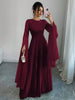 Women Elegant Floor Length Dress Pleated Long Sleeve O Neck Solid Middle East Style Evening Dresses For Party