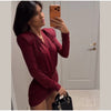 Sexy Burgundy Deep V-neck Mini Dress Women Elegant Full Sleeve Shoulder Pads Pleated Slim Short Dresses Lady Evening Party Gowns