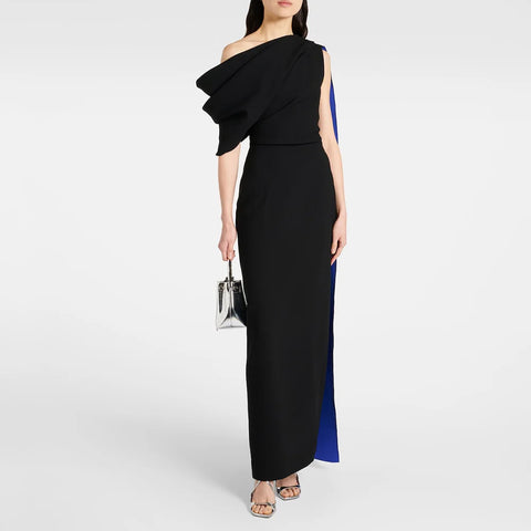 Elegant Evening Party Dresses for Women One Shoulder Column Cocktail Gowns Black Ankle Length Draped Maxi Cocktail Dress