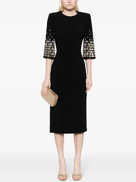High Street Designer Vestido Women's Formal Half Sleeve Rhinestone Diamonds Beaded Midi Dress