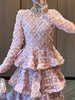 Elegant Spliced 3D Flower Dresses for Women O Neck Long Sleeves High Waist Patchwork Ruffles Folds Dress Female