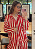 Vintage Contrast Striped Coat Pants Suit Women Chic Zipper Elastic Waist Button Lantern Trouser Suit Autumn Daily Street Outfit