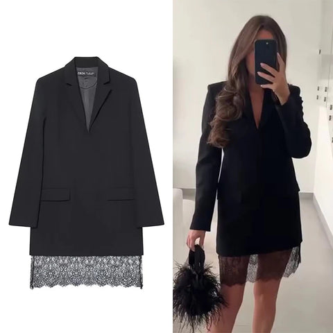 Lace Splicing Short Dresses for Women Long Sleeve Blazer Style Mini Dress Woman Chic Elegant Office Dress