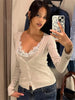 Women Lace V Neck Cropped Cardigan Coat Long Sleeve Button Knit Sweater Spring Casual Streetwear Lady Slim Knitwear