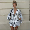 Polka Dot Puff Sleeve Dress Women's V-neck Waist Cinching Pleated Mini Dresses Spring Lady Elegant Casual Wear
