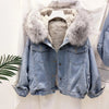 Winter Denim Jacket Hooded Coat Women Removable Fur Collar Fleece Lined Jeans Jacket Warm