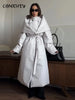 Winter Solid Women's Long Down Jacket Shawl Belt Decor Stand Collar Zipper Full Sleeve Cotton Padded Coat Lady Warm Jacket