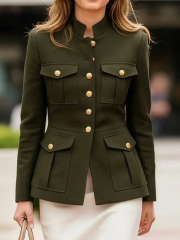 Women's Solid Color Multiple Pocket Stand Collar Jackets Long Sleeves Buttoned Urban Casual Office Blazer Coats