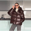 Chic Reflective Fabric Lace Up Hooded Cotton Jacket Women Stand Collar Full Sleeve Zipper Warm Overcoat Winter Lady Outwear