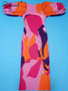 O-Neck Long Lantern Sleeve Loose Mid Dress Women Print Patchwork Pleated Gown Evening Holidays Festivals Birthday Robe