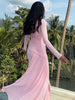 Elegant Pink Irregular Pleated Maxi Dress Women O-Neck Long Sleeve Ruched Slim Long Dress Wedding Guest Evening Party Robes
