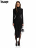 Casual Women Pullover Turtleneck Black Elegant Long Sleeve Midi Dress Ruffles Sexy Party Evening Night Club Dress