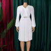 Elegant Dresses Woman V Neck Full Sleeve Pleated Mid Calf Belt Waisted African Female Birthday Party Dress