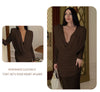 White Swinging Collar Long Dress For Women Ruched High Waist Long Sleeves Slim Elegant Evening Party Gowns