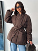 Elegant Women's Padded Jacket With Belt Winter Lace Up Waist Cinching V Neck Warm Coats Lady Casual Street Outerwear