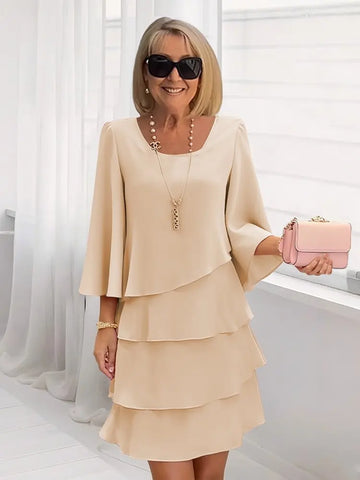 Women's Cake Skirt 3/4 Bell Sleeve Crewneck Tiered Layered Flowy Dress Party Wedding Outfits