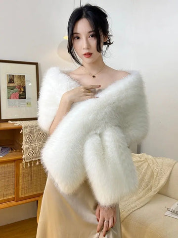 Elegant Faux Fox Fur Shawl Women Scarf Collar Winter Warm Cape Wedding Solid Pashmina Plush Wrap