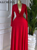 Women Draped Deep V-neck Fit and Flare Long Maxi Dress Winter Evening Prom Party Education Vacation Dresses Vestido