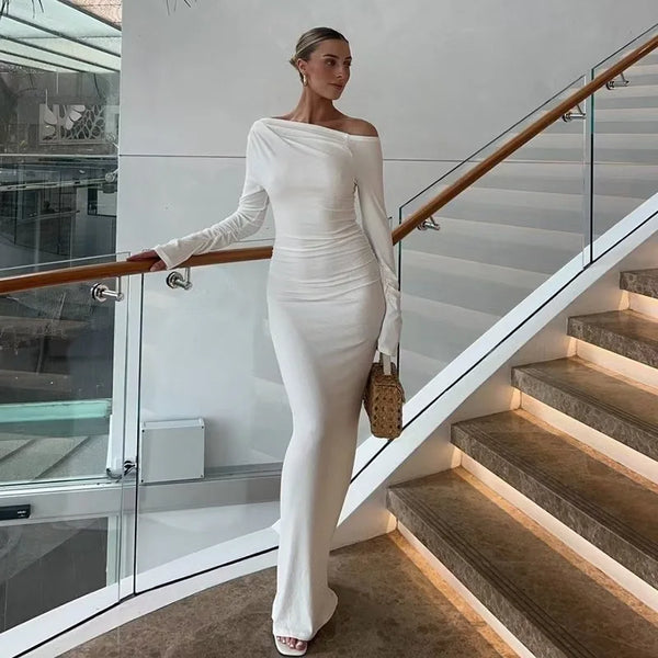 Elegant Slanted Collar Bodycon Maxi Dress Women Long Sleeve White Black Evening Party Robes Streetwear Female Dresses