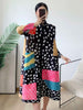 Pleated Contrast Color Leopard Printed Dress Stand Neck Single Breasted Mid-length Dresses Women Party Clothing 2Q1027