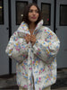 Thicken Women Puffer Jacket Oversize Stand Up Collar Zipper Floral Print Warm Cotton Filled Coat Autumn Winter