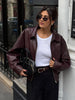 Retro Solid Lace Up Leather Short Jackets Women Chic Lapel V-neck Waist Cinching Cropped Jackets Lady Daily High Street Outwear