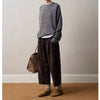 Retro Leather Ankle-Length Pants Women Elastic Waist Suede Sheepskin Wide Leg Length Straight Cylinder Trousers Black brown