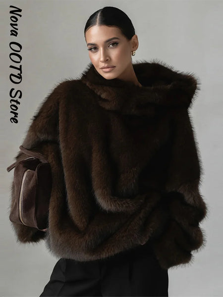 Winter Women's Furry Hooded Faux Fur Pullover Women Loose Full Sleeve Warm Solid Coat Winter Lady Street Chic Outwear
