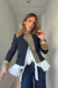 Retro Stand Collar Napoleon Slim Jacket Women Chic Navy Style Full Sleeve Gold Embroidered Coat Lady High Street Outwear