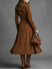 Women Autumn Winter Elegant Vintage Faux Suede Maxi Dress Zip‑Up Waist Tie Belt Cinched‑Waist Long Dress
