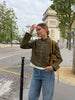 Green Napoleon Short Jeans Jacket Women's Chic Stand Collar Long Sleeve Zipper Crop Coat Lady Fall Daily Street Outwear